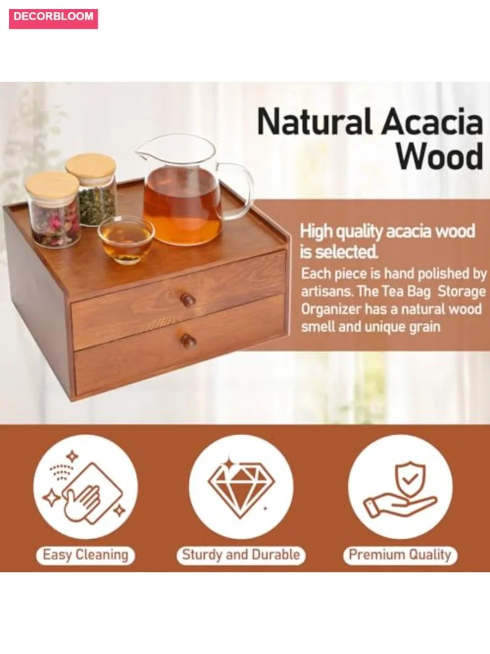 Acacia Wood Tea Bag Organizer with Double Drawers, Removable Dividers, Tea